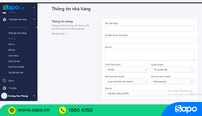 Giao diện Sapo FnB