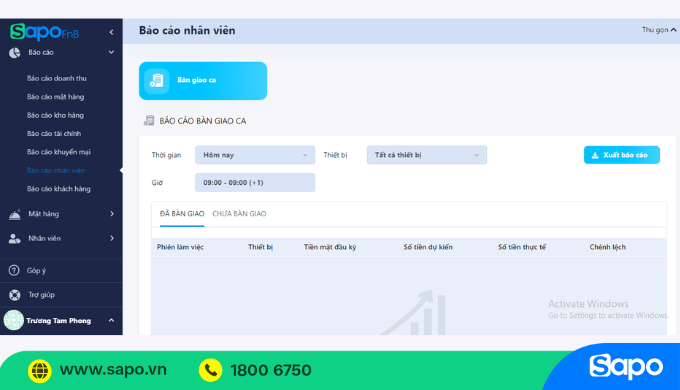 Báo cáo nhân viên trên Sapo FnB