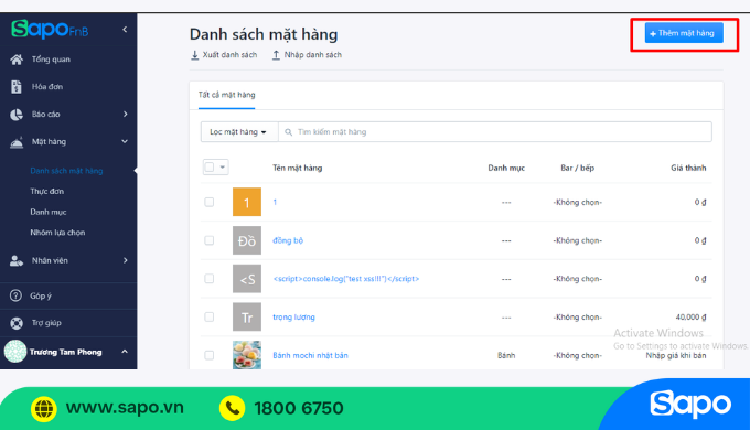 Quản lý thực đơn trên Sapo FnB