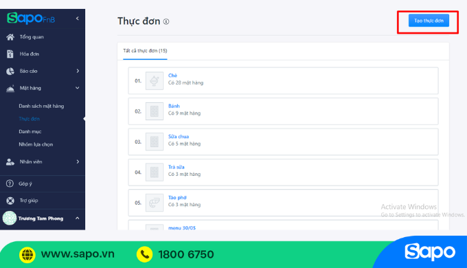 Tạo thực đơn trên Sapo FnB