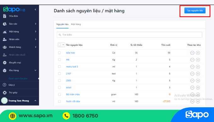 Quản lý tồn kho Sapo FnB