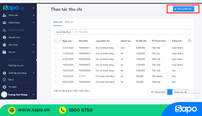 Quản lý thu chi Sapo FnB