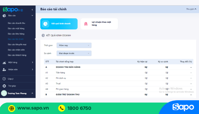 Báo cáo tài chính trên Sapo FnB