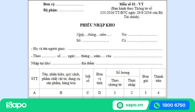 phiếu nhập kho theo thông tư 133