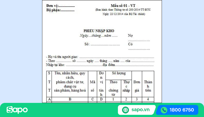 phiếu nhập kho theo thông tư 200