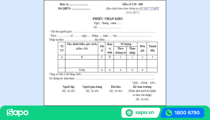 phiếu nhập kho theo thông tư 107