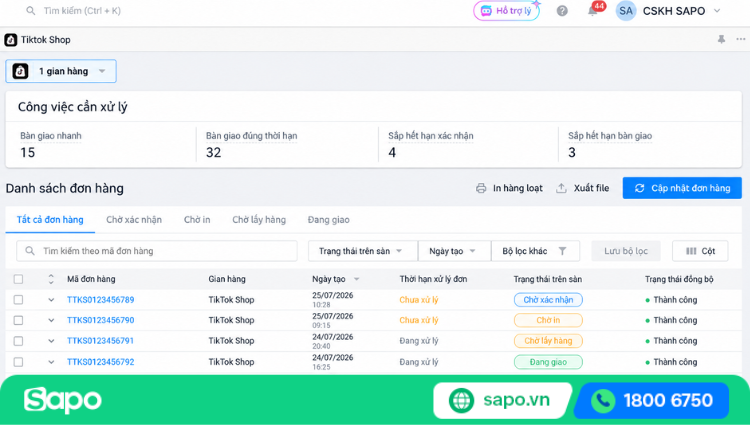 Quản lý đơn hàng TikTok Shop tập trung trên Sapo