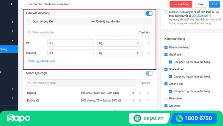 Thiết lập định mức cho mỗi món ăn trên Sapo