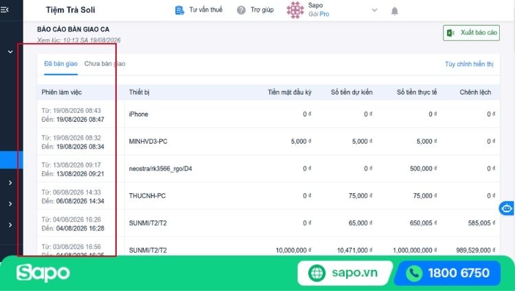 đối soát từng ca trên Sapo