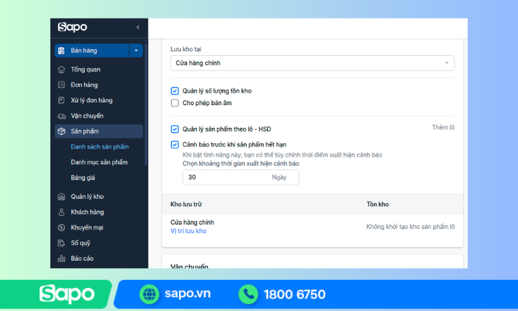 Thiết lập quản lý cảnh báo sản phẩm cận date trên Sapo