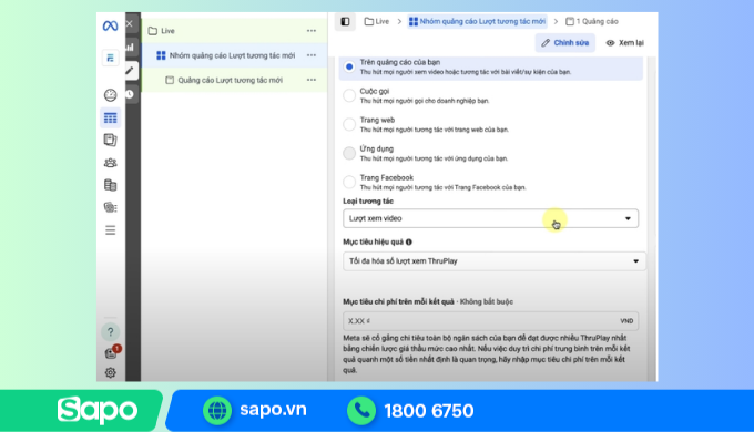 Chọn loại tương tác quảng cáo livestream Facebook muốn chạy