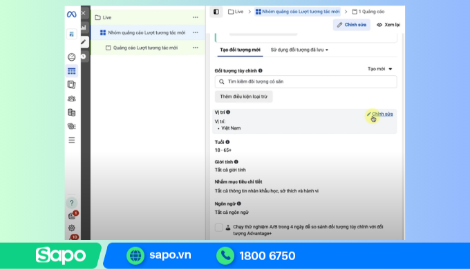 Tùy chỉnh mục tiêu quảng cáo livestream Facebook