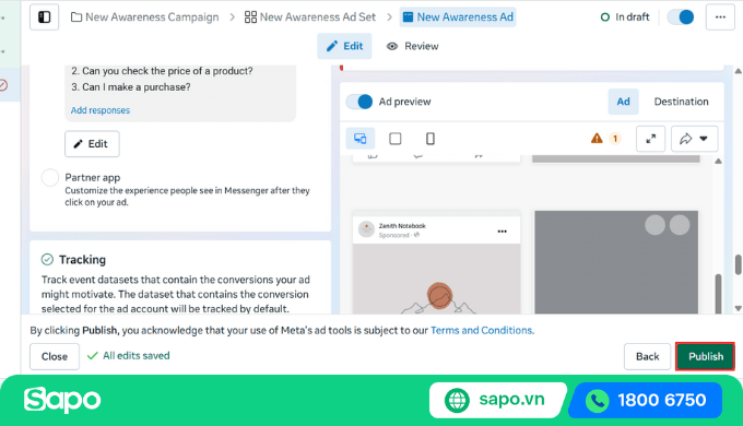 Chọn Publish để xuất quảng cáo Reels Facebook