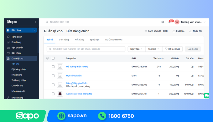 Quản lý tồn kho trên phần mềm Sapo