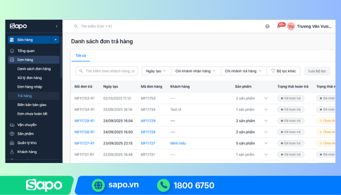 Quản lý đổi - trả hàng trên phần mềm Sapo
