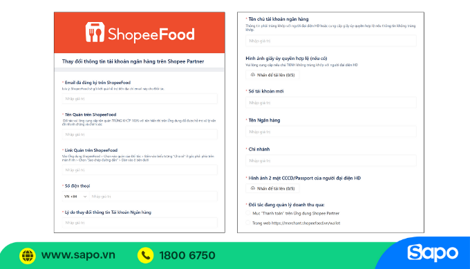 Biểu mẫu thay đổi tài khoản ngân hàng trên ShopeeFood