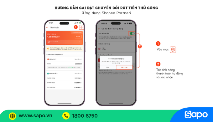 Cài đặt chuyển đổi rút tiền shopeefood thủ công
