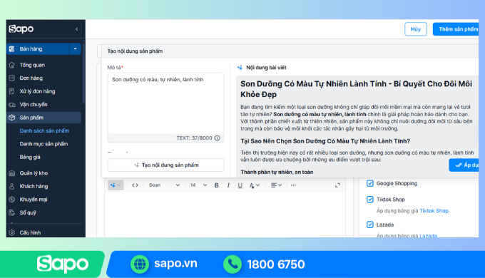 Tạo mô tả sản phẩm tự động với AI trên phần mềm đa kênh Sapo