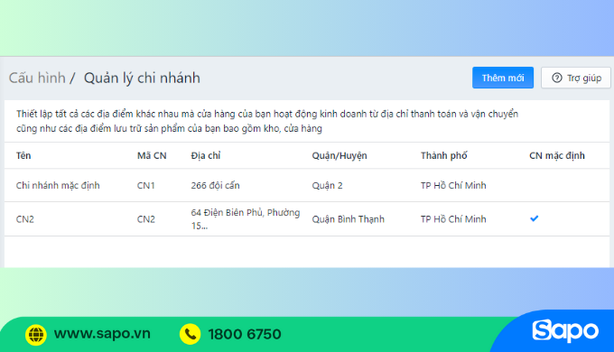 Giao diện quản lý chi nhánh trên Sapo