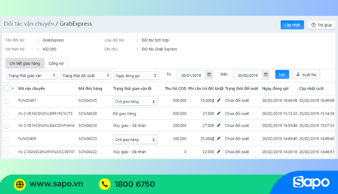 Quản lý vận đơn GrabExpress tập trung trên Sapo