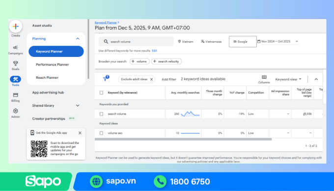 Tìm kiếm Search volume trên Google Keyword planner