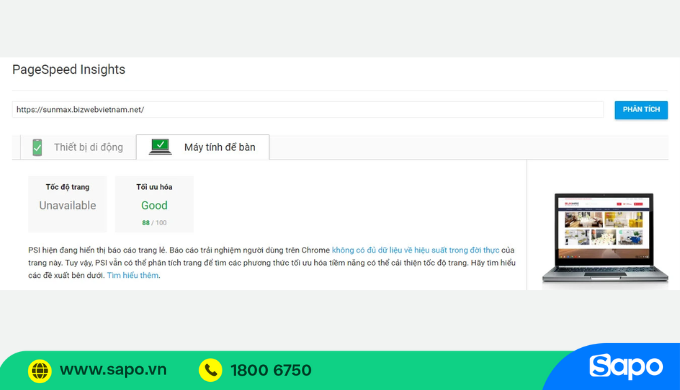 Tốc độ tải trang website Sapo