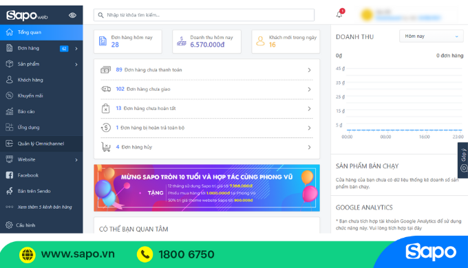 Giao diện trang quản trị Sapo