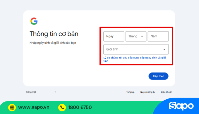 điền ngày tháng năm sinh để tạo tài khoản google