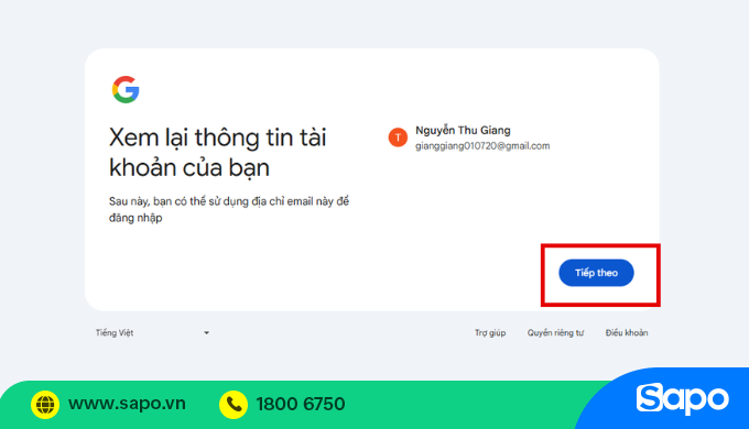 xác nhận lại thông tin đăng ký tài khoản google