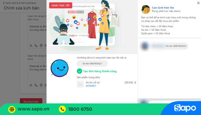 Giao diện bán hàng livestream Sapo