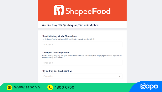 Yêu cầu thay đổi địa chỉ quán trên ShopeeFood