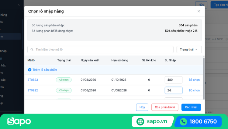 Thêm mới lô qua đơn nhập hàng
