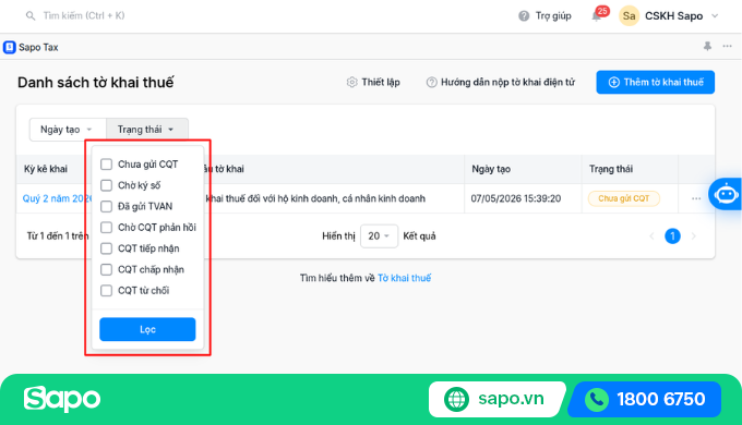 Theo dõi trạng thái tờ khai thuế theo thời gian thực ngay trên Sapo