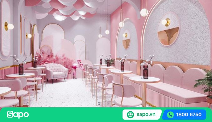 Thiết kế quán trà sữa màu hồng