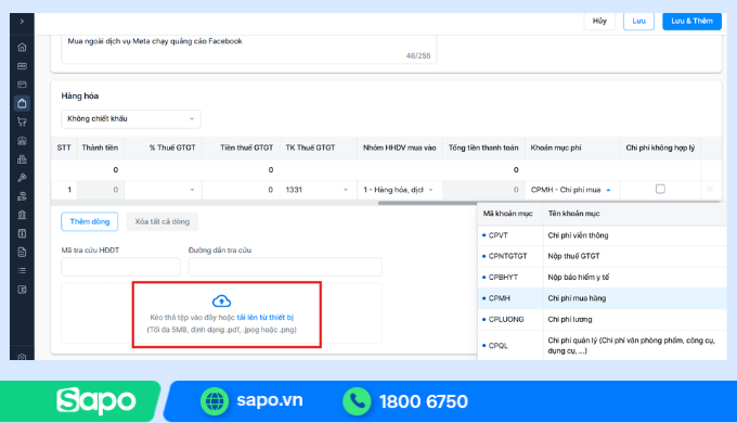 Thêm chứng từ chi phí quảng cáo trên Sapo Accounting