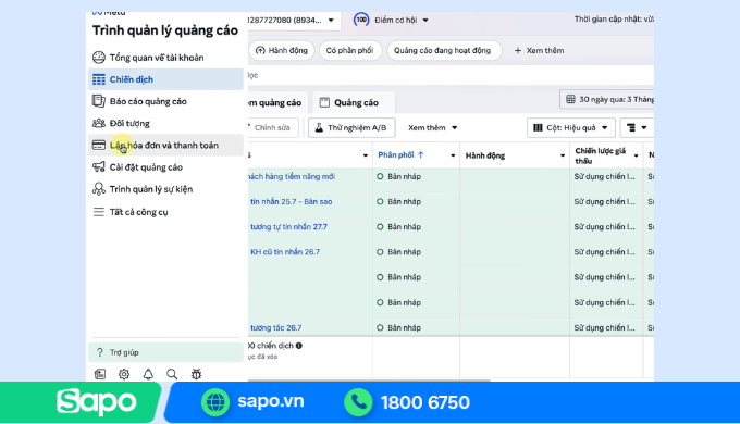 Mục Lập hóa đơn trên Ads Manager