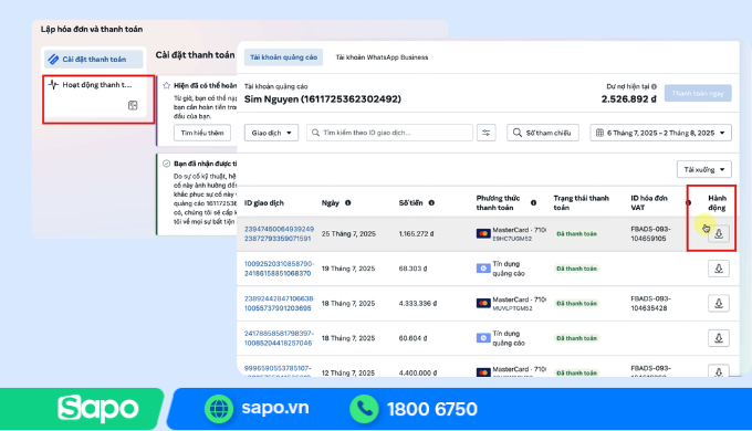 Tải hóa đơn Meta cung cấp