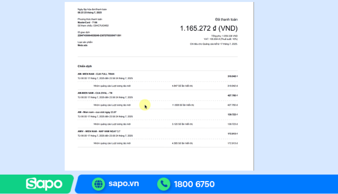 Mẫu hóa đơn VAT Meta cung cấp