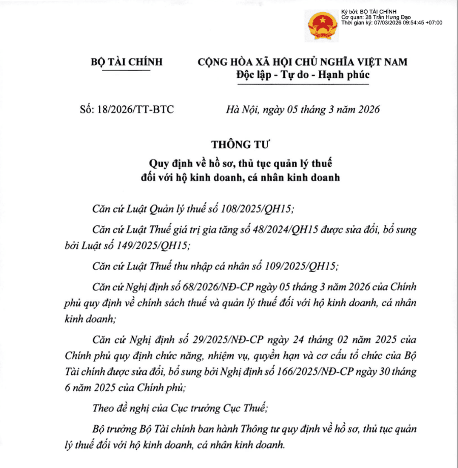 thông tư 18/2026/TT-BTC