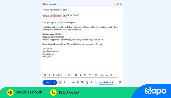 gửi email đến shopee express