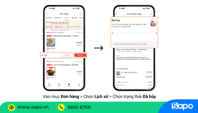 xem đơn hàng đã hủy shopeefood
