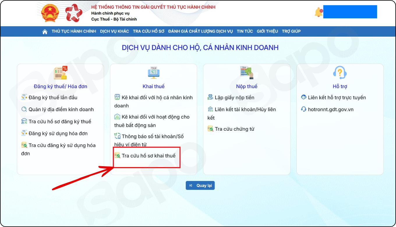Chọn tra cứu hồ sơ khai thuế