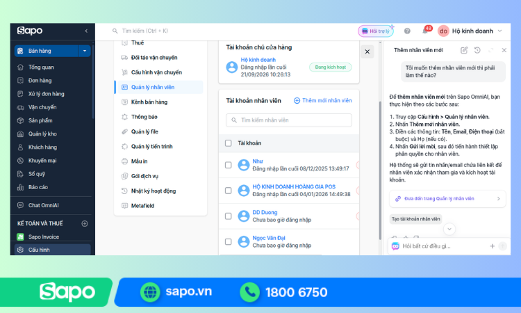 Sabi AI hướng dẫn nhà bán hàng thao tác và điều hướng đến màn hình trực tiếp