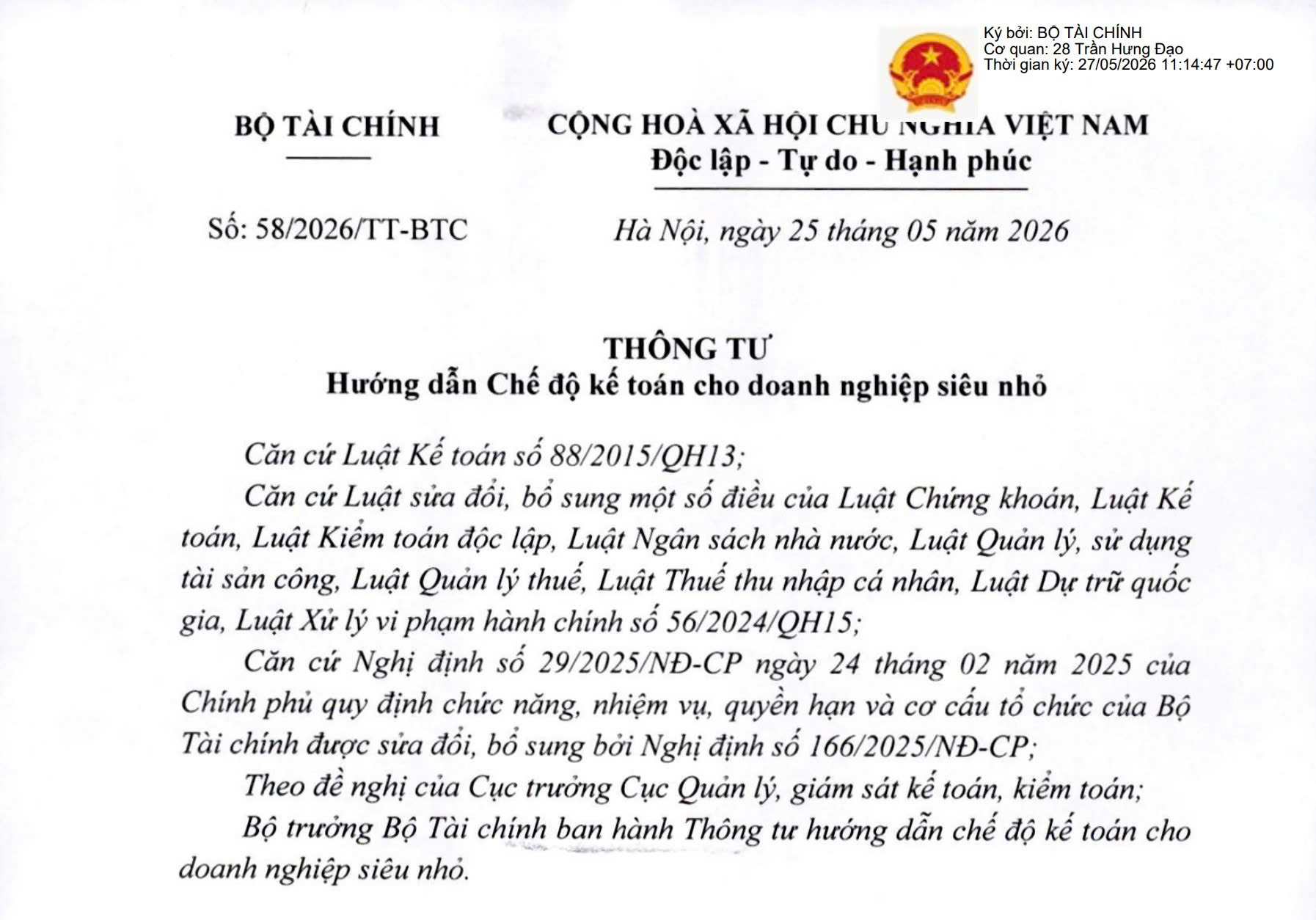 Thông tư 58/2026/TT-BTC
