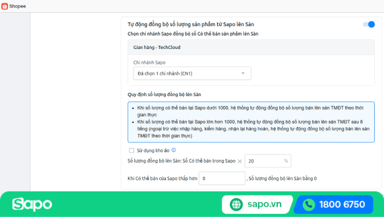 Tự động đồng bộ tồn kho từ Sapo lên Shopee