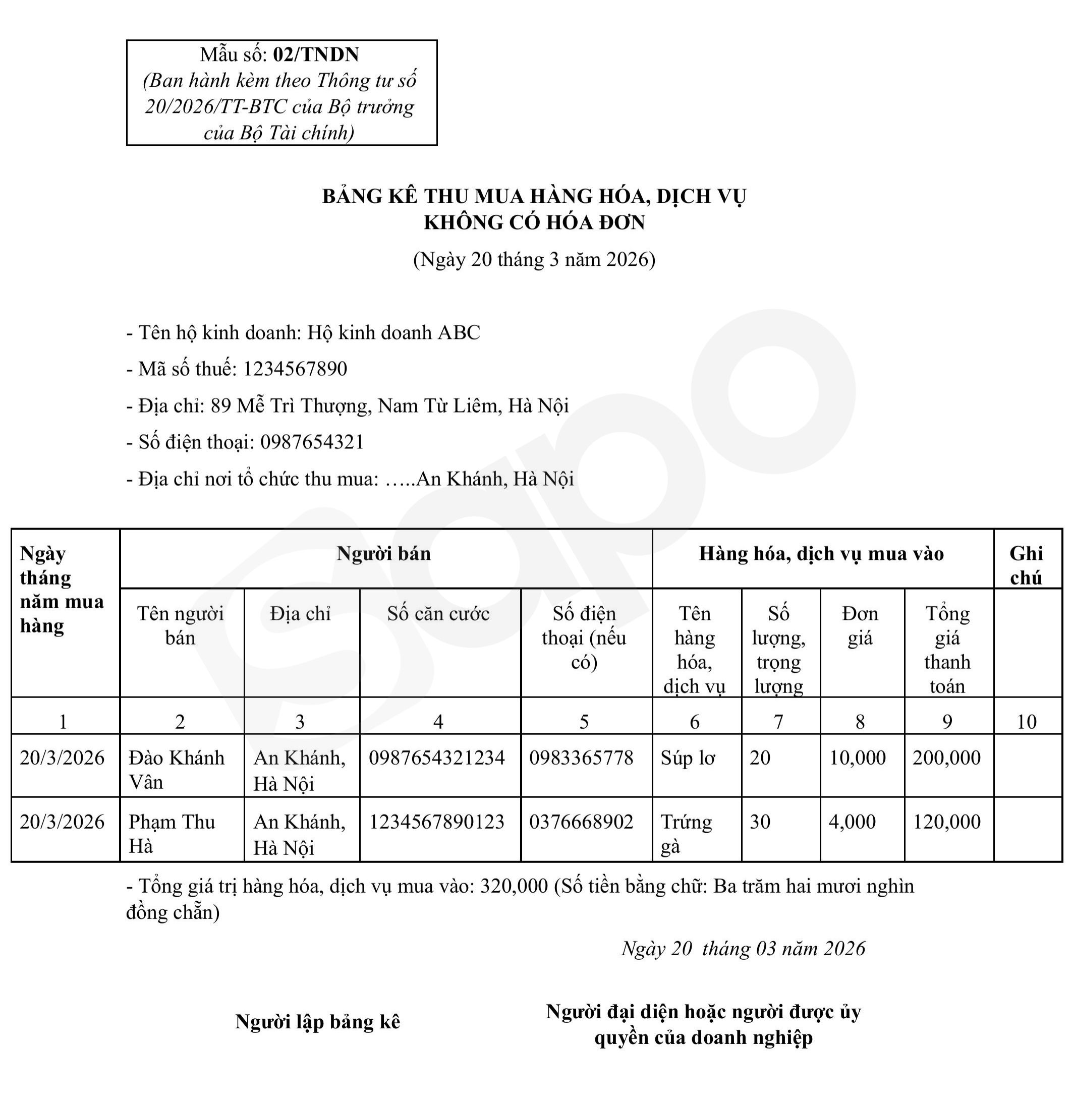 Ví dụ Mẫu 02/TNDN