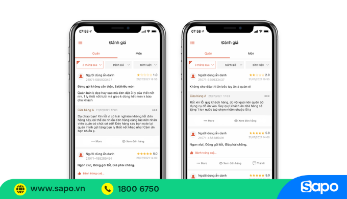 phản hồi đánh giá trên shopeefood