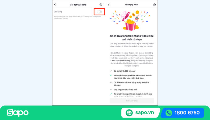 bật tính năng quà tặng