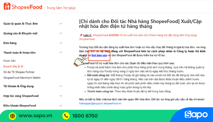 Gửi báo cáo xuất/cập nhật hóa đơn điện tử cho ShopeeFood