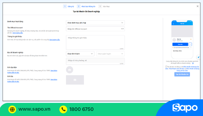 khai báo thông tin tạo tài khoản zalo oa